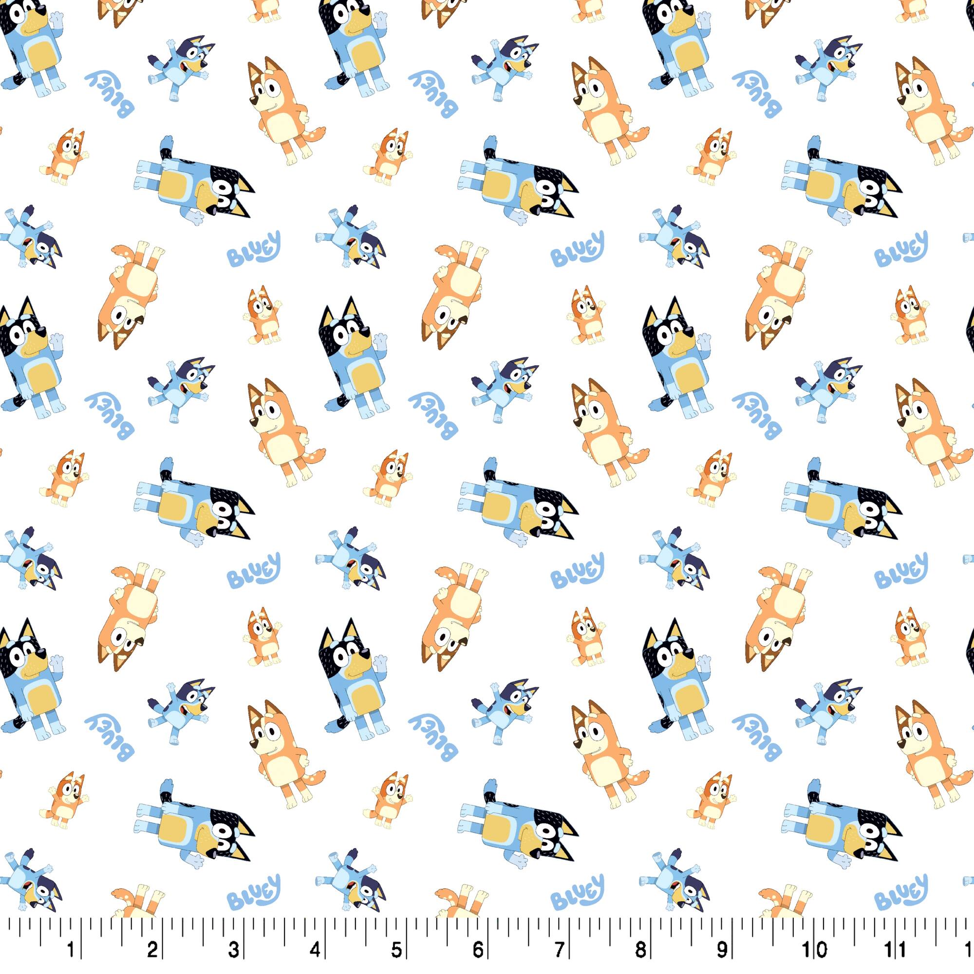 Bluey Toss on White Cotton Fabric